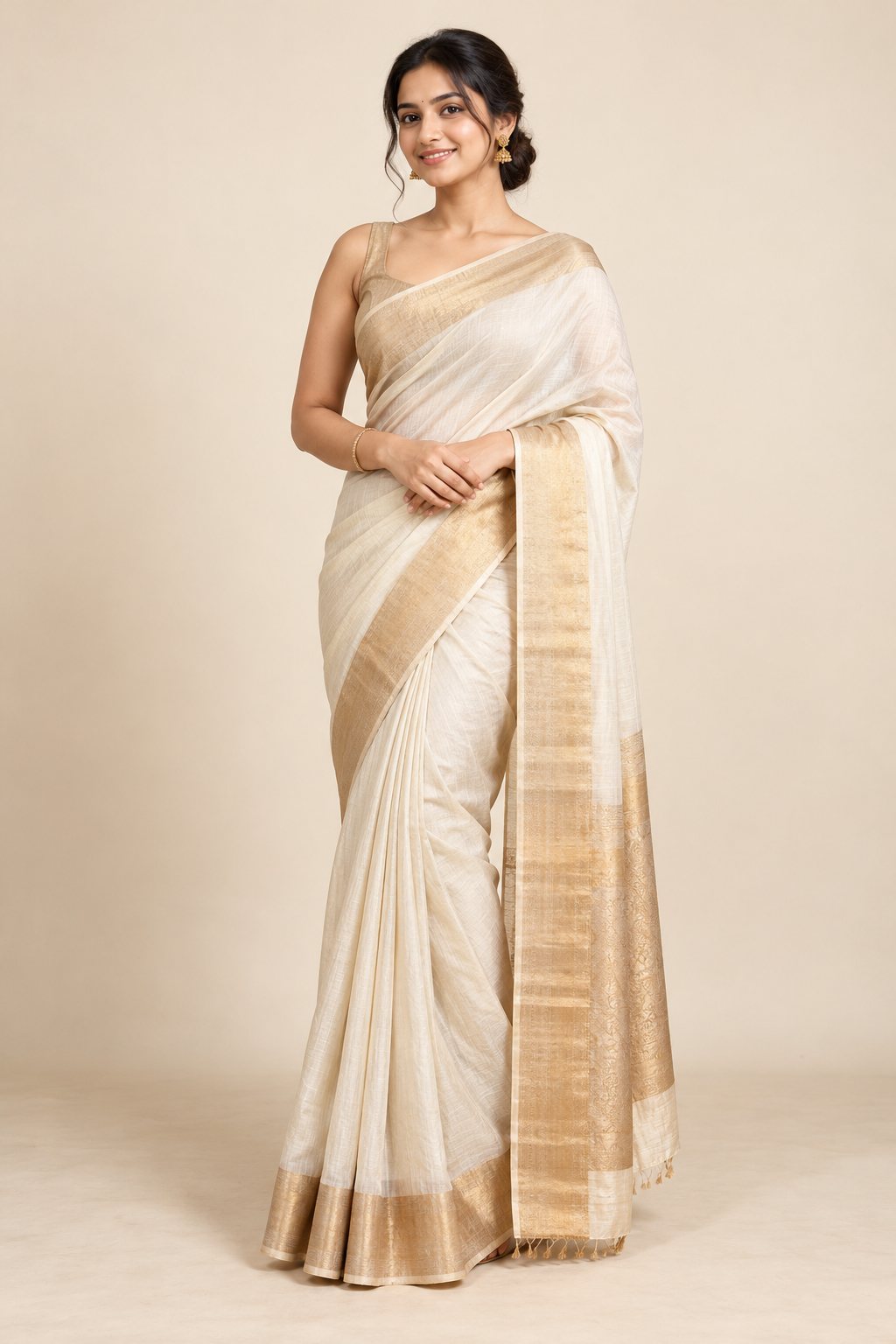Model wearing an ivory saree with a gold zari border and pallu